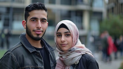 Wall Mural - A man and a woman are standing next to each other. The woman is wearing a scarf and the man is wearing a jacket. Scene is friendly and warm