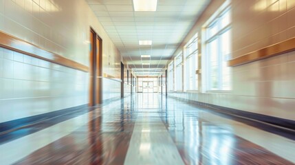 A hallway with a lot of windows and a lot of light. The hallway is very long and has a lot of space