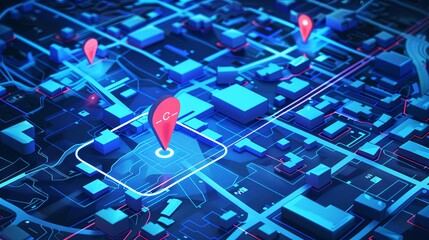 Leinwandbilder - Red marker pinpointing a location on an isometric GPS tracking map. Abstract digital art background. Generative AI