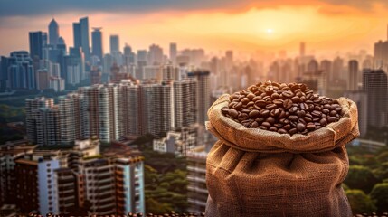 Poster - A sack of coffee beans placed in front of a city skyline, showcasing the blend of urban life with coffee culture. Generative AI