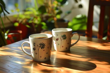 Two coffee mugs filled with aromatic coffee resting on a wooden table. Generative AI