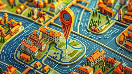 Fototapete - Close-up view of a detailed town map with GPS tracking, navigation pins, and streets. Isometric abstract map background. Generative AI