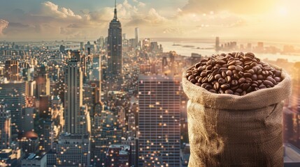 Poster - A sack filled with coffee beans placed atop a busy cityscape, showcasing a blend of urban life and coffee culture. Generative AI