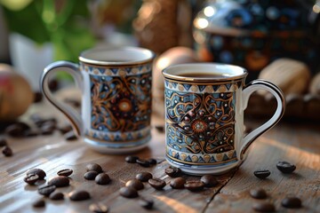 Two coffee mugs placed on a wooden table. Generative AI