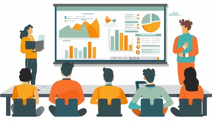 Imagine a flat design of a UXUI designer presenting a usability report