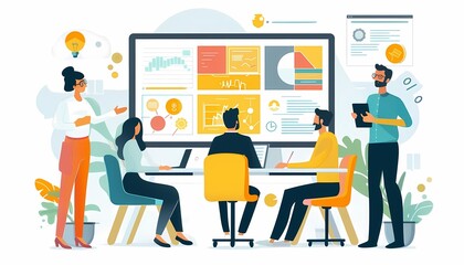 See a flat design of a UXUI designer presenting design concepts to a team