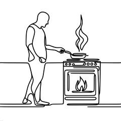 Continuous line drawing of a chef, a male cook, standing at the stove, preparing food that is steaming. One line cooking concept. Vector illustration