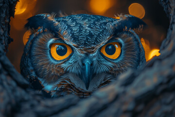 A wise old owl perched in a tree, its keen eyes scanning the night for prey beneath the moonlight. Concept of nocturnal creatures and wisdom. Generative Ai.