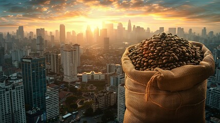 Poster - A sack full of coffee beans placed on a building rooftop overlooking the cityscape, symbolizing urban coffee culture. Generative AI