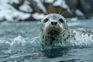 Poster - A sleek seal gliding effortlessly through the icy waters of the Antarctic, its streamlined body adapted for life in the frigid ocean. Concept of marine mammals and polar habitats. Generative Ai.