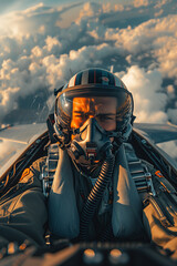 A fighter pilot wearing a helmet in the cockpit is flying high above the clouds.