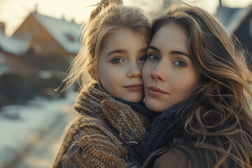 Caucasian daughter hugging mother in front of her house.