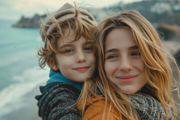 caucasian mother and son hugging each other by the sea.