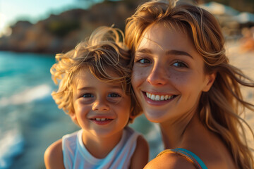 Caucasian mother and son hugging each other by the sea.