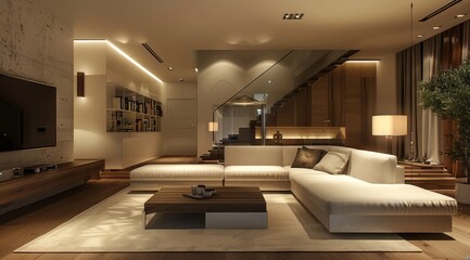 Wall Mural - Modern living room interior featuring a modular sofa, modern lighting fixtures, and a minimalist bookshelf