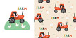© Hanna Bykova - Nursery cute print and pattern set with tractor, chicken and cow. Farm seamless pattern. Perfect for fabric, textiles and prints. Hand drawn childish vector illustration.