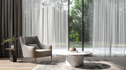 Wall Mural - Modern living room interior featuring a stylish armchair, marble coffee table, and expansive windows with sheer curtains