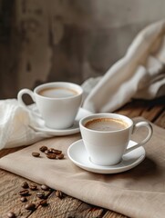 Poster - Two cups filled with coffee resting on a wooden table. Generative AI