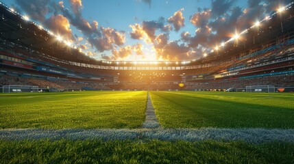 Packed stadium awaits an evening game on lush green field. 3D sports venue backdrop with fervent crowd.