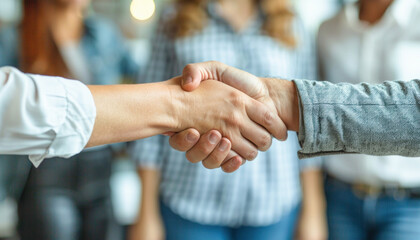 A man and a woman are exchanging a handshake in front of a crowd of onlookers at an event