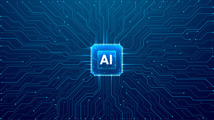 Wall Mural - Glowing light blue neon AI chip with thin circuit contact lines. AI chip on technology background. Abstract digital tech background in monochrome blue. Semiconductor on a board. Vector illustration.