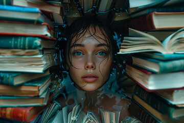 Poster - A woman submerged in a sea of books. Concept of knowledge and immersion. Generative Ai.