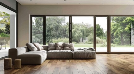 Poster - Modern living room interior with a cozy fabric sofa, sleek wooden flooring, and large glass doors opening to a patio