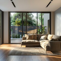 Wall Mural - Modern living room interior with a cozy fabric sofa, sleek wooden flooring, and large glass doors opening to a patio