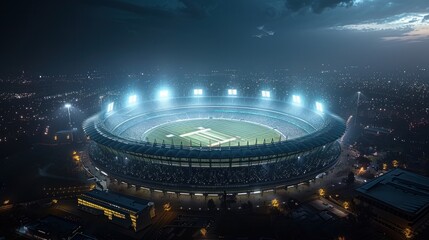 Vibrant cricket stadium aglow with fans in nocturnal view, part of contemporary sports complex in 3D rendering.