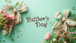 © ЮРИЙ ПОЗДНИКОВ - A greeting card for Fathers Day featuring flowers and bows set against a blue background