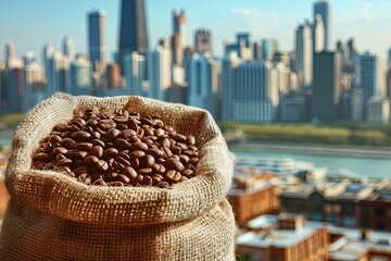 Poster - A sack of coffee beans displayed against a modern city skyline backdrop. Generative AI