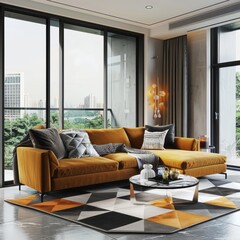 Wall Mural - Modern living room interior with a stylish velvet sofa, geometric rug, and floor-to-ceiling windows