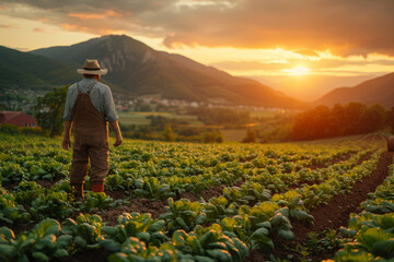 Wall Mural - A farmer tending to a field of vegetables at sunrise. Concept of agriculture and dedication. Generative Ai.