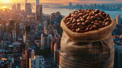 Poster - A sack of coffee beans placed in front of a cityscape and urban skyline. Generative AI