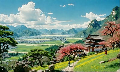 Poster - a picture of a scenic view and mountains and trees in a green valley