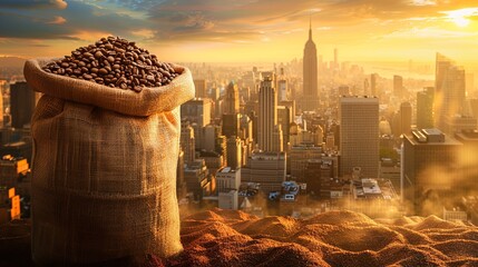 Poster - A sack of coffee beans placed on top of a pile of sand outdoors. Generative AI