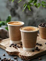 Leinwandbilder - Two cups filled with coffee placed on a wooden cutting board surrounded by coffee beans. Generative AI