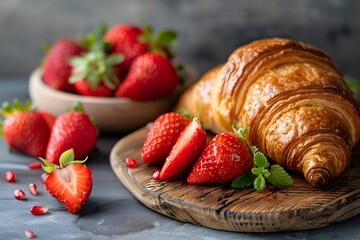 Wall Mural - Strawberries croissant wooden plate