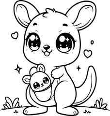 Kangourou et bébé Line art dessin au trait style kawaii de personnage heureux pour page ou livre de coloriage pour enfant. Vecteur noir totalement transparent et isolé du fond. 