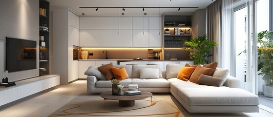 Wall Mural - Living room with kitchen annexe in a modern studio apartment for rent. Interior design