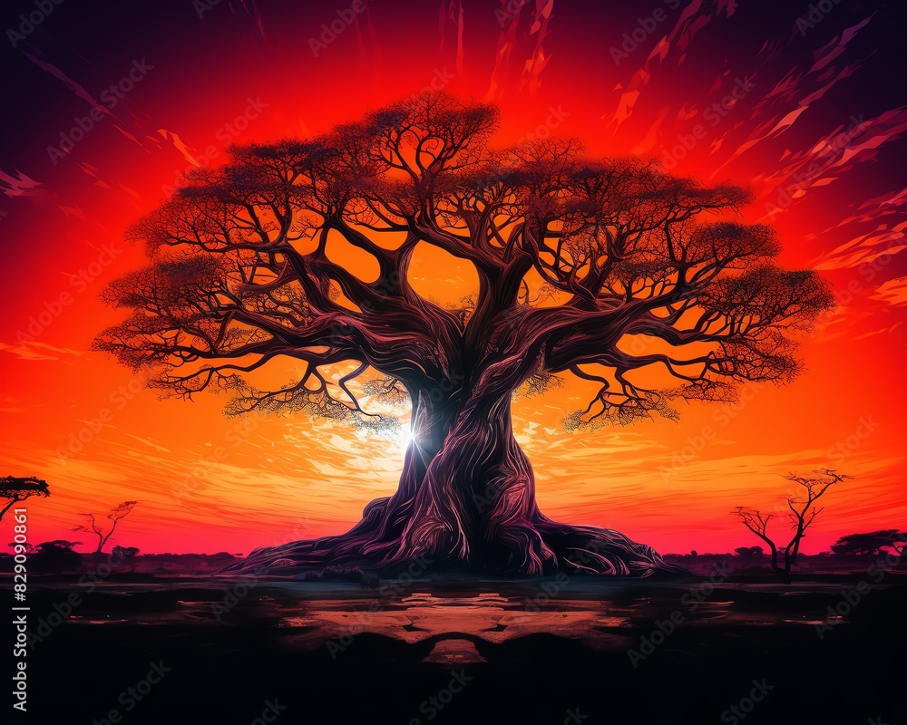 Magnificent tree bathed in red and orange sunset hues, creating a vivid ...