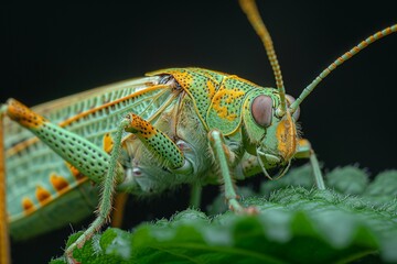 Wall Mural - a bright green and yellow grasshopper sitting on green leaves
