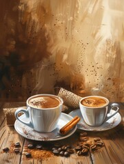 Poster - A painting featuring two cups of coffee placed on a saucer, capturing the essence of a cozy coffee break. Generative AI