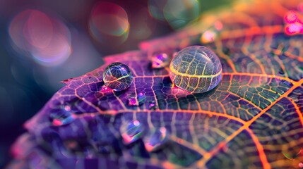 Wall Mural - Macro shot of a rain drop on a vivid tree leaf, featuring interconnected digital lines blending seamlessly with the leaf's veins