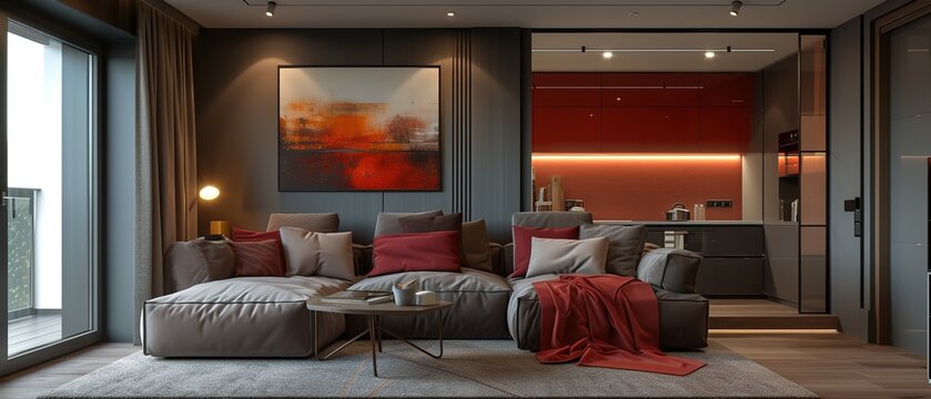 Modern small studio interior with luxury maroon details.