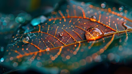 Wall Mural - Close-up of a single rain drop on a vivid leaf, with faint digital circuits enhancing the natural texture, symbolizing the interconnectedness of tech and nature