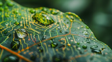 Wall Mural - Close-up of a single rain drop on a vivid leaf, with faint digital circuits enhancing the natural texture, symbolizing the interconnectedness of tech and nature