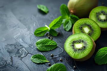 Wall Mural - Kiwis and mint leaves on a black surface