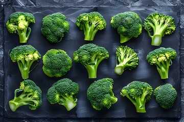 Wall Mural - Close-up broccoli bunch on black surface