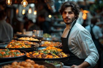 Wall Mural - A waiter serving dishes in a bustling restaurant. Concept of service and multitasking. Generative Ai.